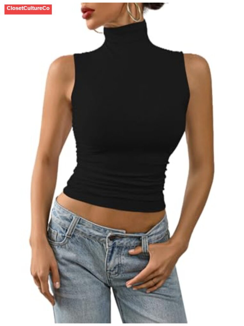 Sleeveless Mock Turtleneck Slim Fit Side Ruched Crop Y2K Tank Top